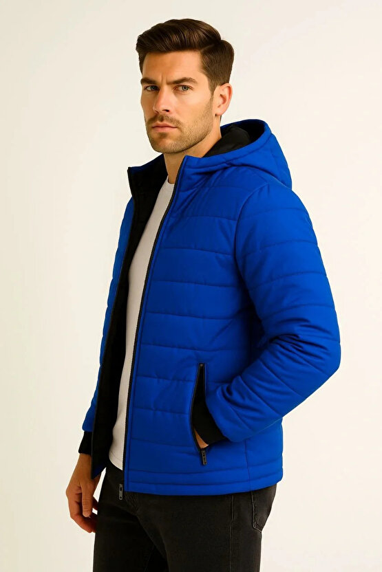 Erkek Şişme Kapüşonlu Fermuarlı Mont Su itici Kapitone Astarlı Kumaş Cepli Kışlık Rahat Kalıp - Saks