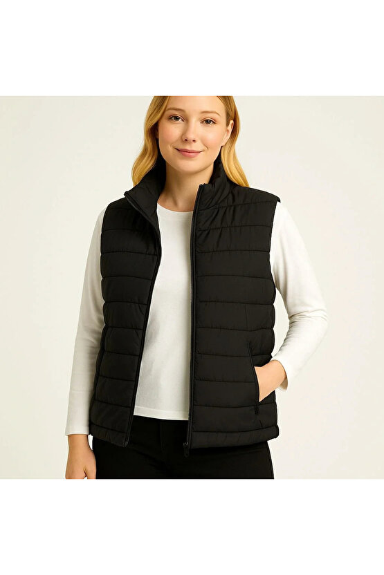 Kadın Şişme Fermuarlı Yelek Su itici Kapitone Astarlı Kumaş Cepli Hafif Kışlık Spor Rahat Kalıp - Si