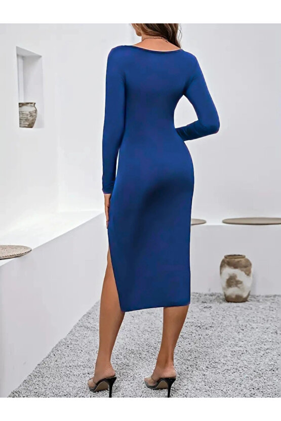 Kadın Uzun Kollu Göğüs Ve Göbek Dekolte Detay Sandy Midi Boy Elbise
