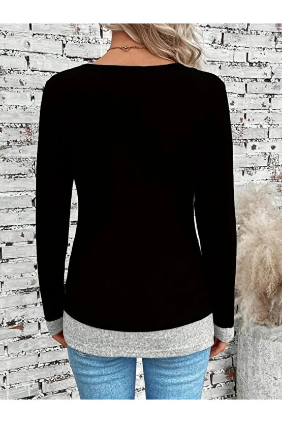 Kadın Uzun Kollu Yuvarlak Yaka Blok Renkli Yandan Düğmeli Viskon Bluz