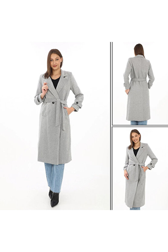 Kadın Balık Sırtı Kaşe Kaban – Uzun Boy Kruvaze Yaka Kuşaklı Astarlı Kışlık Tesettür Kaban, Yünlü Do