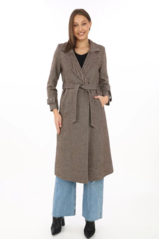 Kadın Balık Sırtı Kaşe Kaban – Uzun Boy Kruvaze Yaka Kuşaklı Astarlı Kışlık Tesettür Kaban, Yünlü Do
