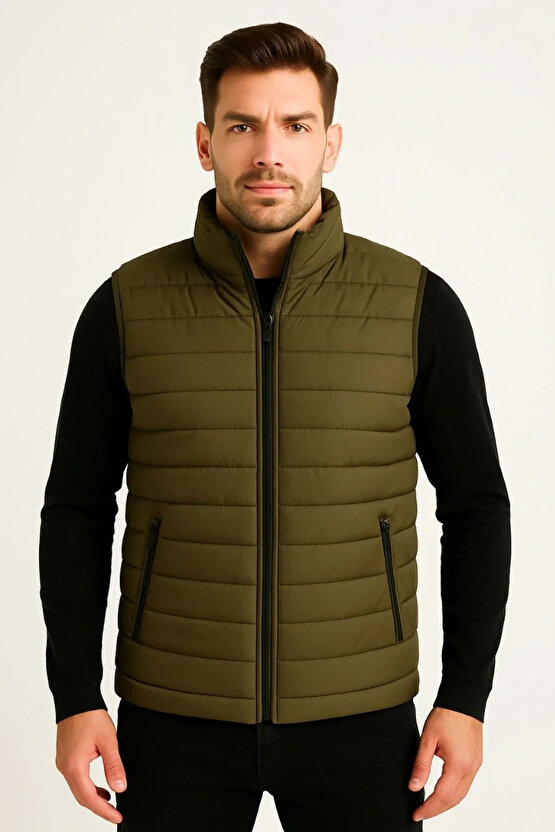 Erkek Şişme Fermuarlı Yelek Su itici Kapitone Astarlı Kumaş Cepli Hafif Kışlık Spor Rahat Kalıp - Ha