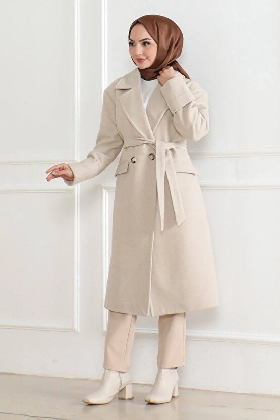 Kadın Kaşe Kaban – Uzun Boy Kruvaze Yaka Kuşaklı Tesettür Kaşe Kışlık Kaban, Astarlı Şık Yünlü Dokum