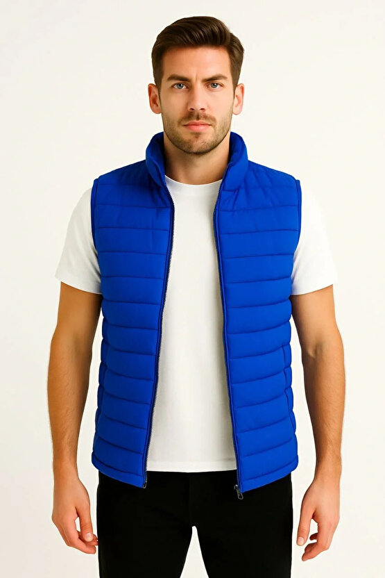 Erkek Şişme Fermuarlı Yelek Su itici Kapitone Astarlı Kumaş Cepli Hafif Kışlık Spor Rahat Kalıp - Sa