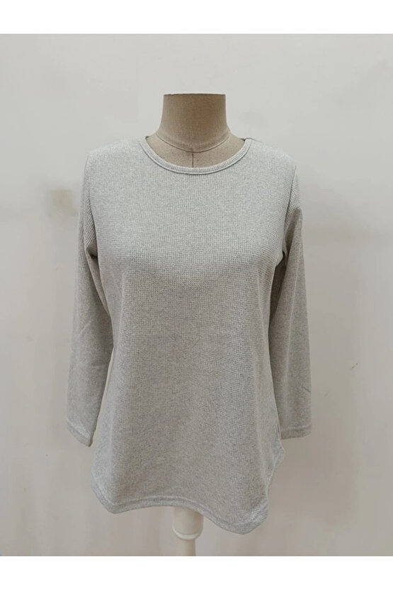 MDB Kadın Uzun Kollu Yuvarlak Yaka Arkadan Düğmeli Waffle Bluz