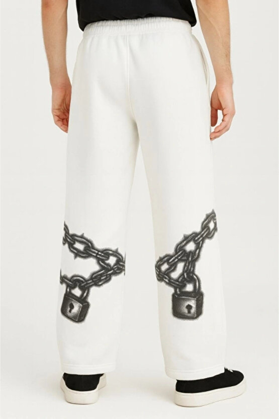 Erkek Üç İplik Pamuklu Baskılı Cepli Jogger Buggy Pantalon Oversize Kalıp - Beyaz
