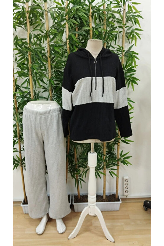 Kadın Uzun Kollu Kapşonlu önden Fermuarlı şardonlu Kaşkorse Bluz Ve Pantolon