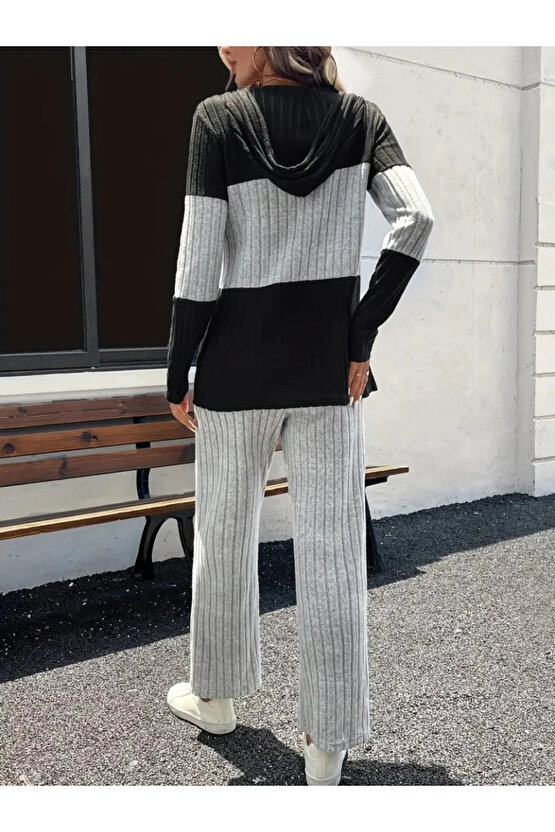 Kadın Uzun Kollu Kapşonlu önden Fermuarlı şardonlu Kaşkorse Bluz Ve Pantolon