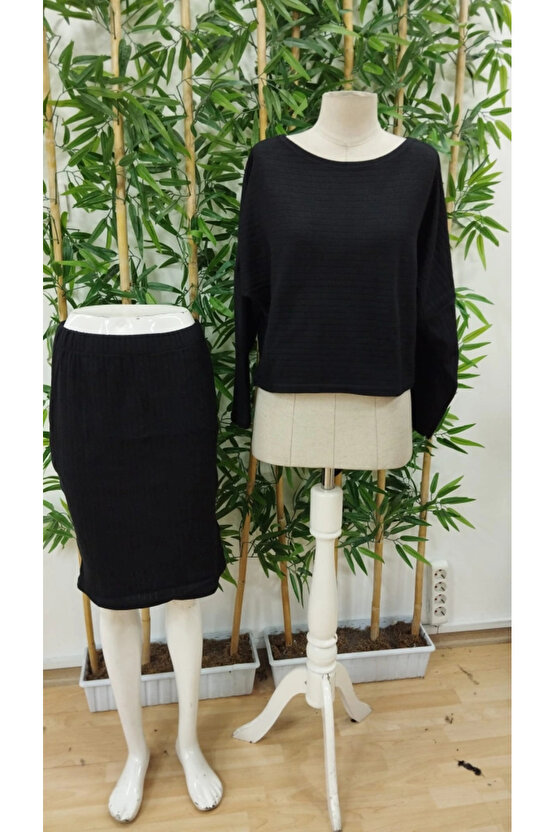 Kadın Uzun Kollu Iki Yanı Açık Yaka Detaylı Bluz Ve Etek şardonlu Kaşkorse Ikili Takım