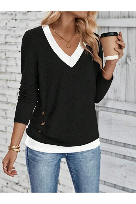Kadın Uzun Kollu V Yakalı Yandan Düğmeli Yün Viskon Bluz