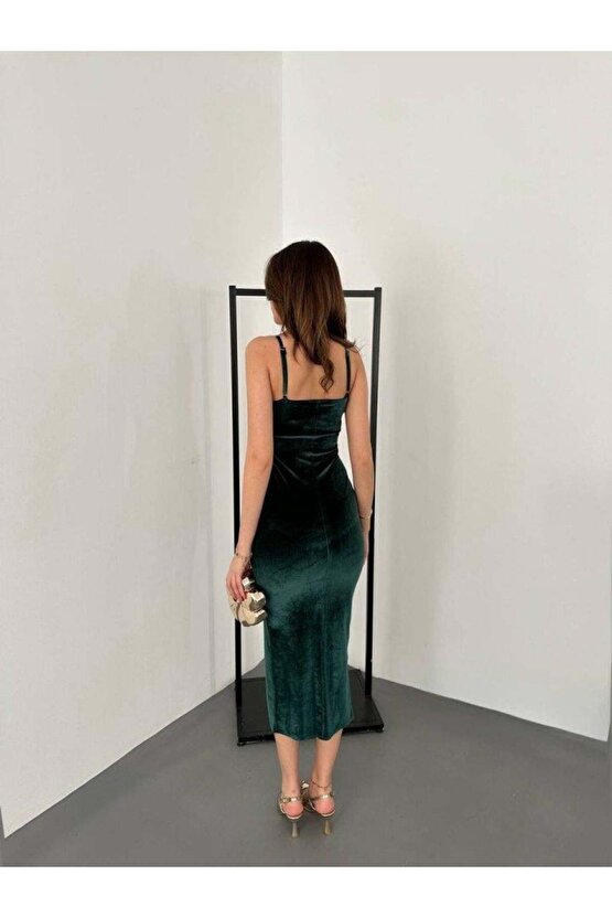 Kadınomuz Askılı Sırt Dekolteli Yırtmaç Detay Midi Boy Elbise Yırtmaç Detay Midi Boy Elbise