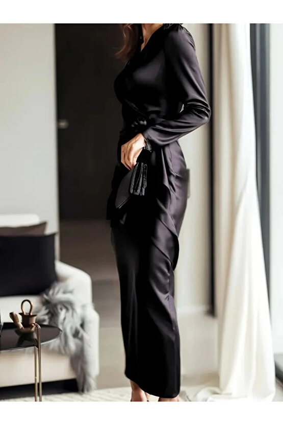 Kadın Uzun Kollu Kruvaze Yakalı Beli Kuşaklı Uzun Saten Elbise