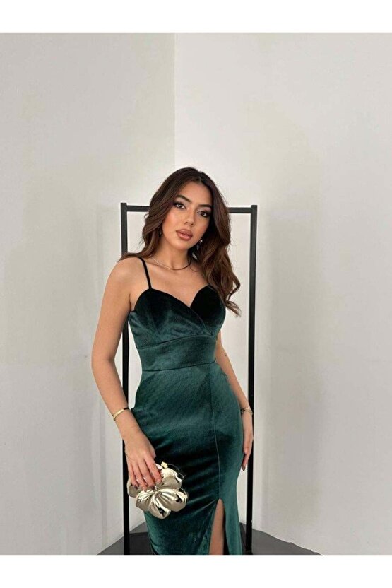 Kadınomuz Askılı Sırt Dekolteli Yırtmaç Detay Midi Boy Elbise Yırtmaç Detay Midi Boy Elbise