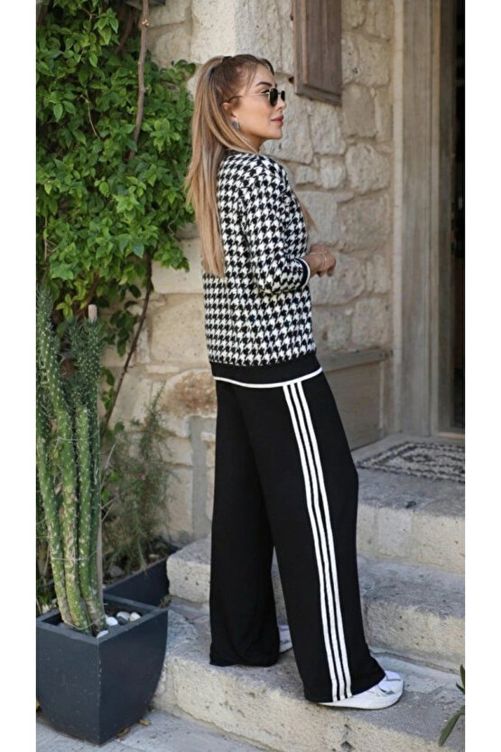 Kadın Uzun Kollu Bisiklet Yaka Kazayağı Desenli Iki Iplik Bluz Ve Viskon Iki Iplik Pantolon Ikili Ta