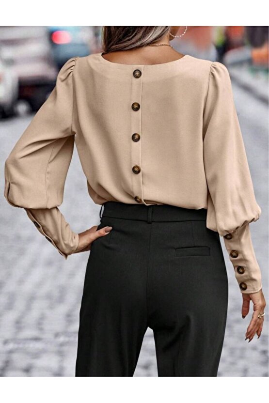 EGECEN Kadın Uzun Kollu Yuvarlak Yakalı Düğmeli Ithal Krep Bluz