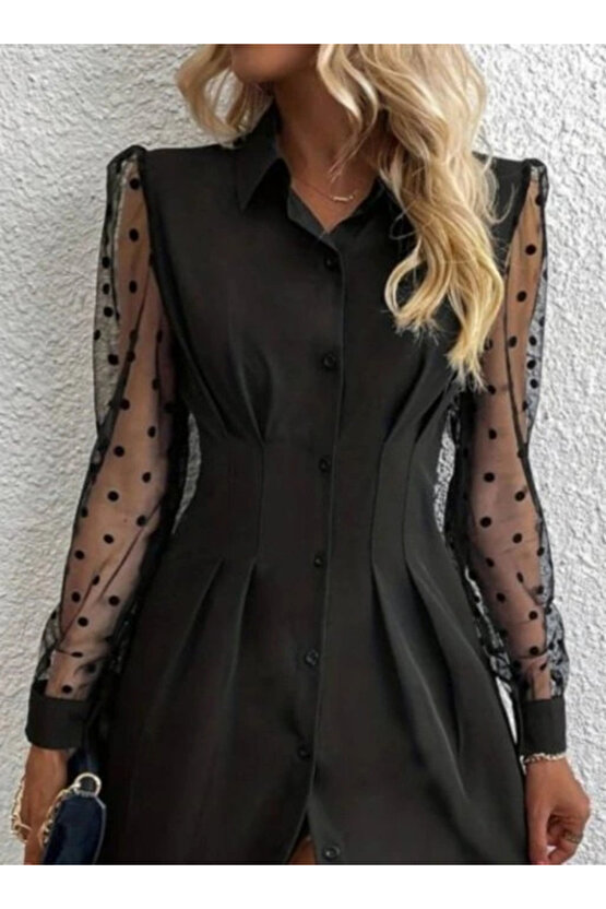 MDB Kadın Uzun Kollu Yakalı Düğmeli Mini Ithal Krep Elbise