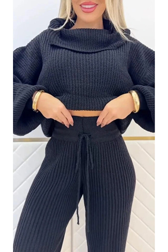 Kadın Uzun Kollu Balıkçı Yaka Kısa Triko Bluz Ve Pantolon Ikili Takım