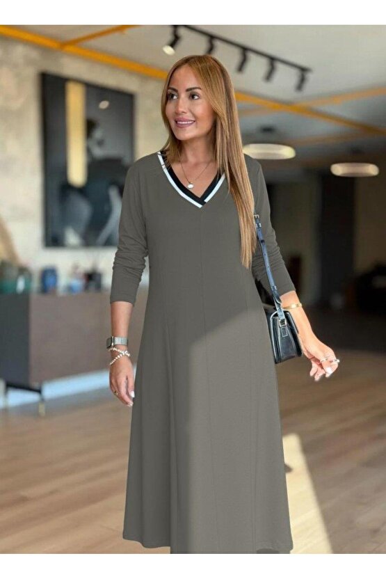 Kadın Uzun Kollu V Yakalı Midi çağla Yeşili Modal Elbise