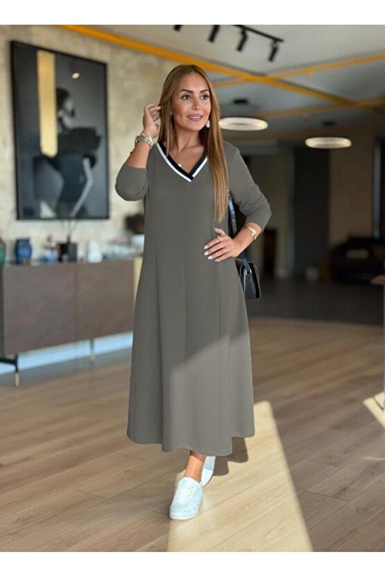 Kadın Uzun Kollu V Yakalı Midi çağla Yeşili Modal Elbise