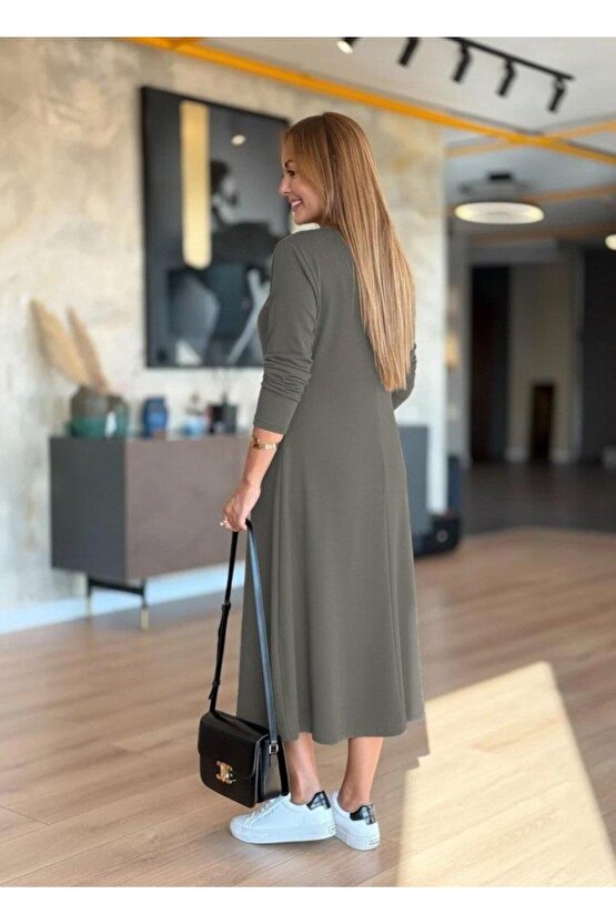 Kadın Uzun Kollu V Yakalı Midi çağla Yeşili Modal Elbise