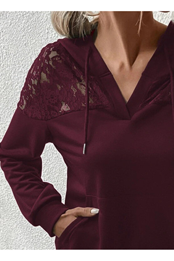 Kadın Uzun Kollu Kapşonlu Bağcıklı Dantelli Viskon Iki Iplik Bluz