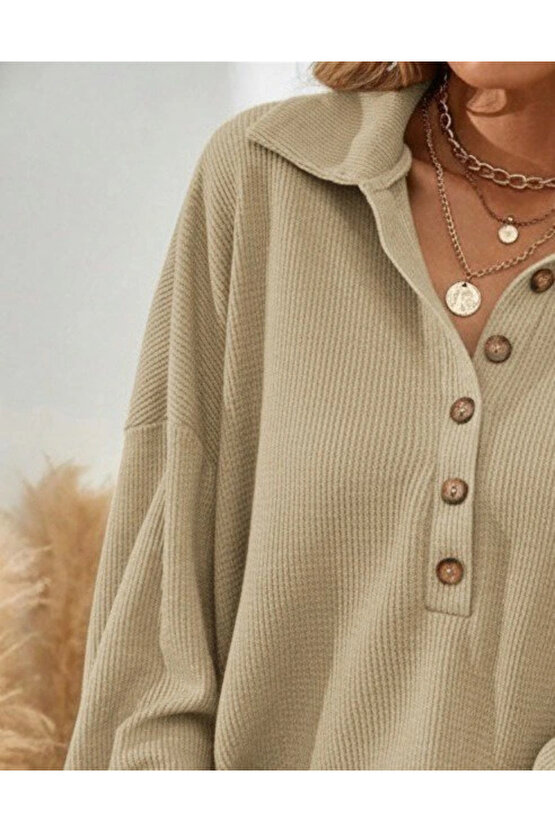 Kadın Uzun Kollu Yakalı Düğmeli Salaş Waffle Bluz