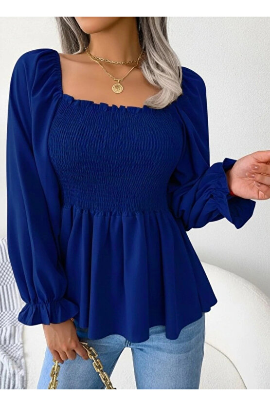 Kadın Uzun Kollu Geometrik Yakalı Gipe Detaylı Krep Bluz