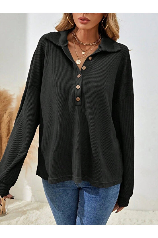 Kadın Uzun Kollu Yakalı Düğmeli Salaş Waffle Bluz