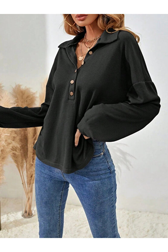 Kadın Uzun Kollu Yakalı Düğmeli Salaş Waffle Bluz