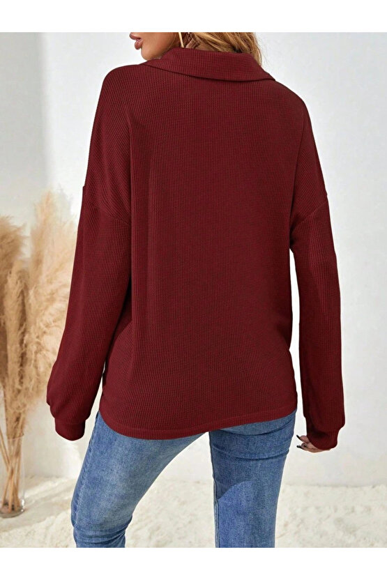 MDB Kadın Uzun Kollu Yakalı Düğmeli Salaş Waffle Bluz