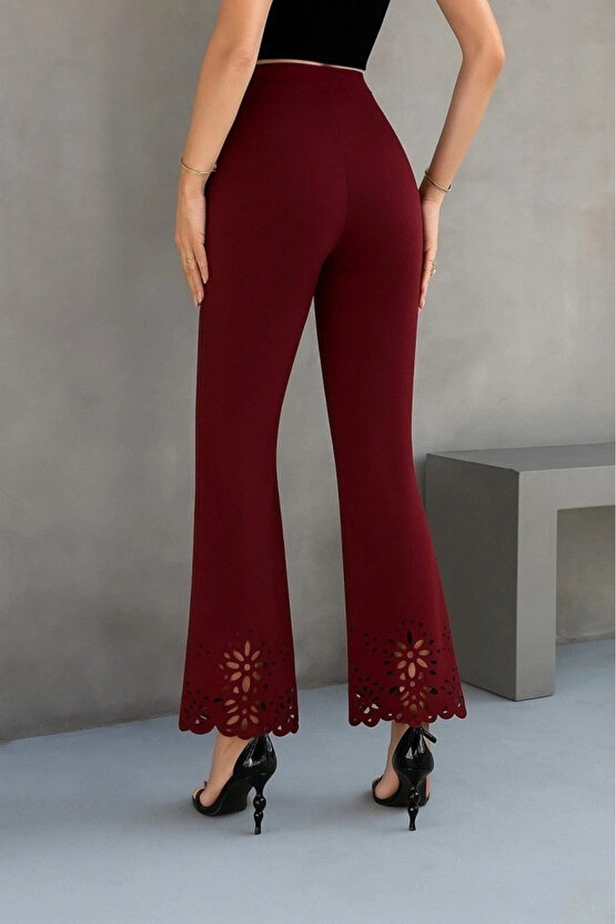 Kadın Yüksek Bel Paçaya Doğru Genişleyen Lazer çiçek Kesim Detaylı Ithal Krep Pantolon