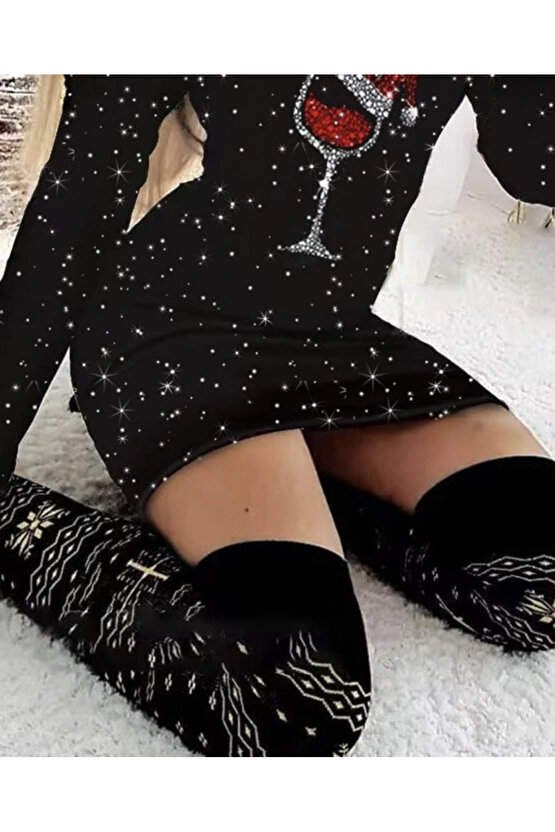 Kadın Uzun Kollu Taş Kadeh Baskı Dalgıç Mini Boy Elbise