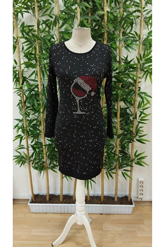 Kadın Uzun Kollu Taş Kadeh Baskı Dalgıç Mini Boy Elbise