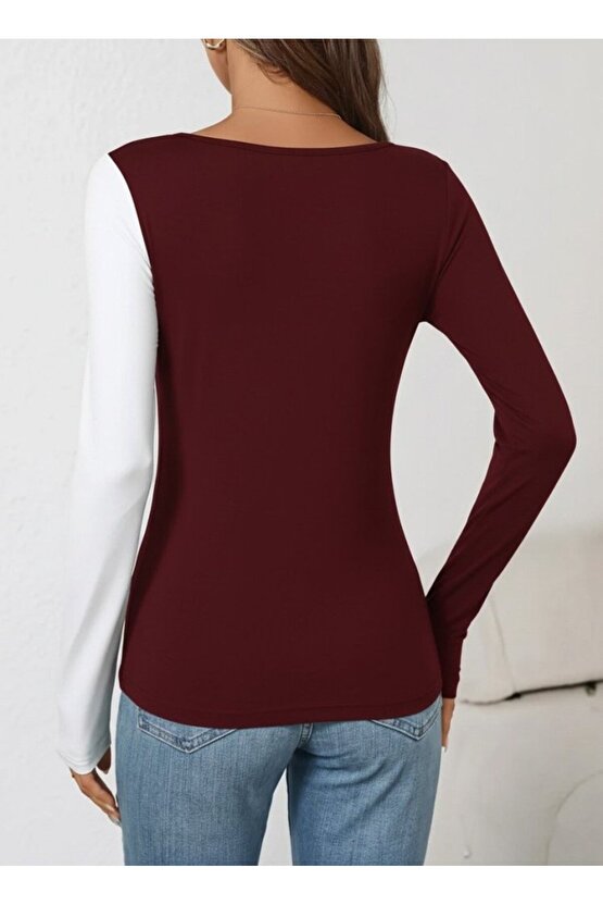 EGECEN Kadın Uzun Kollu Geometrik Yaka Detaylı çift Renkli Viskon Bluz