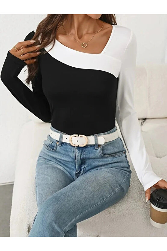 Kadın Uzun Kollu Geometrik Yaka Detaylı çift Renkli Viskon Bluz