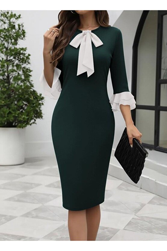 Kadın Truvakar Kollu Fiyonk Yakalı Midi Ithal Krep Elbise