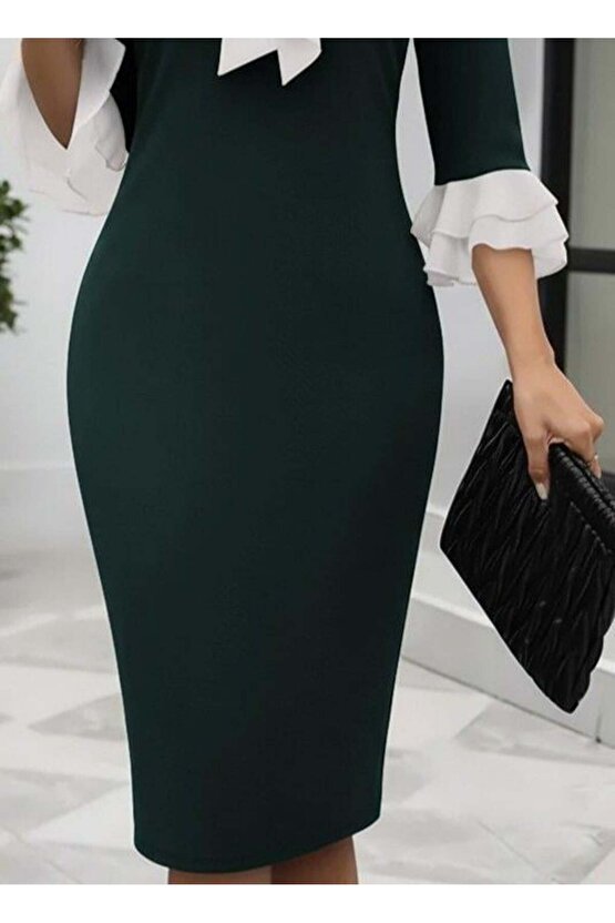 Kadın Truvakar Kollu Fiyonk Yakalı Midi Ithal Krep Elbise