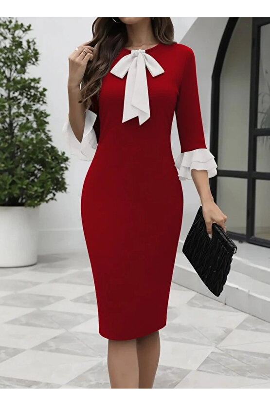 Kadın Truvakar Kollu Fiyonk Yakalı Midi Ithal Krep Elbise