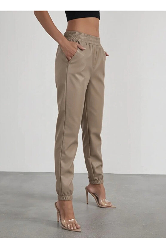 Kadın Yüksek Bel Lastikli önü Düğmeli Deri Pantolon