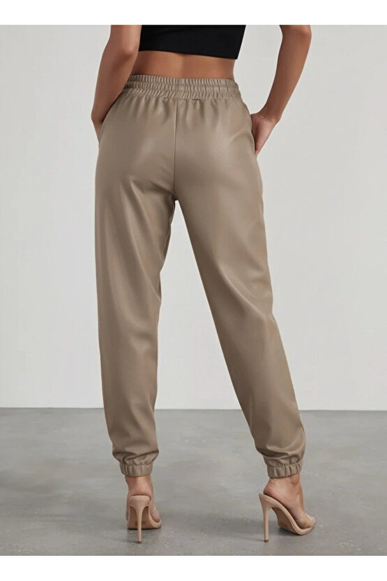 Kadın Yüksek Bel Lastikli önü Düğmeli Deri Pantolon