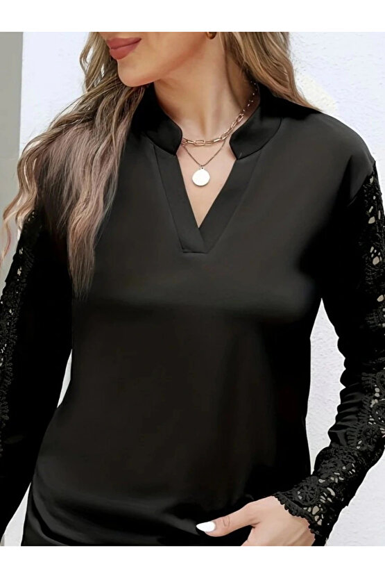 Kadın Uzun Kollu Hakim Yaka Kolları Dantel Detaylı Ithal Krep Bluz