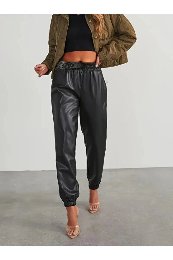 Kadın Yüksek Bel Lastikli önü Düğmeli Deri Pantolon