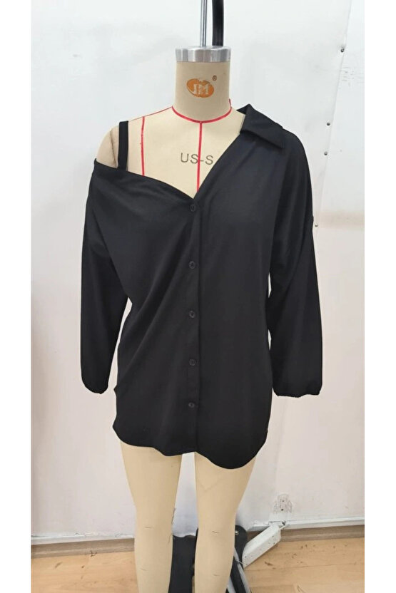 MDB Kadın Tek Omuzdan Açık Askılı Uzun Kollu Yakalı önden Düğmeli Gömlek