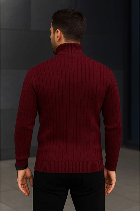 Erkek Fitilli Triko Kazak 2li Set Bordo Siyah Regular Balıkcı Yaka Tam Boğazlı Triko Seti Modeli Kaz