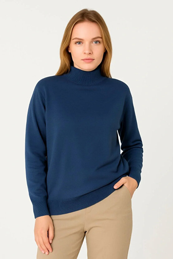 Velmora - Kadın Yarım Boğaz Triko Kazak at Regular kalıp - İndigo