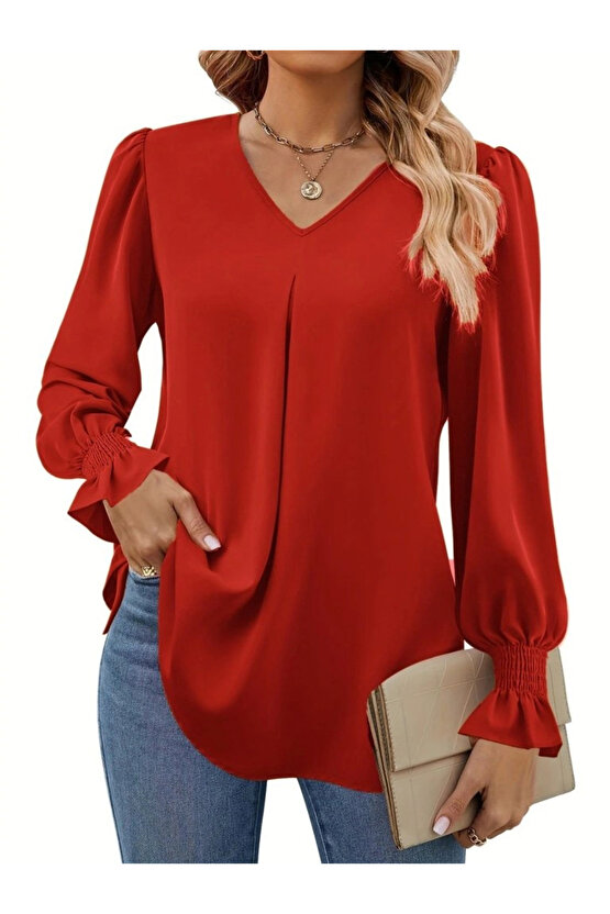 Kadın Uzun Kollu V Yakalı Salaş Ithal Krep Bluz