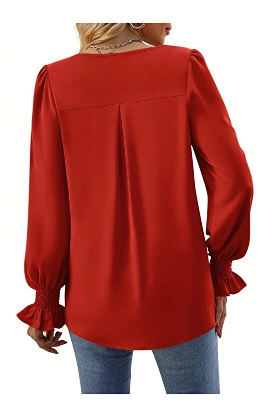 Kadın Uzun Kollu V Yakalı Salaş Ithal Krep Bluz