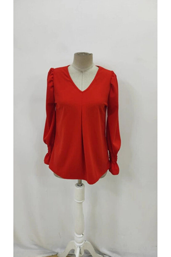 Kadın Uzun Kollu V Yakalı Salaş Ithal Krep Bluz