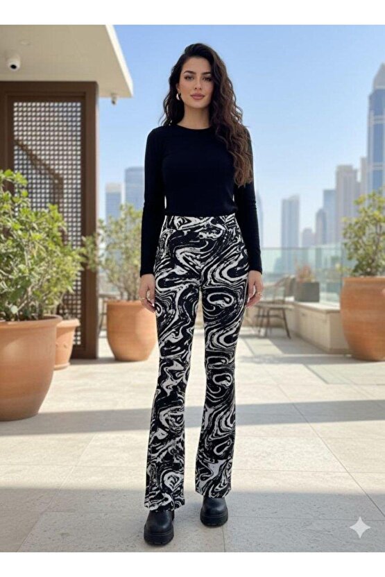 Kadın Yüksek Bel Krep Kumaş Bol Paça Pantolon